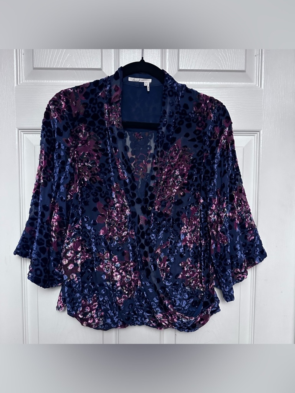 Floreat Anthropologie Blue Pink Floral Velvet Burnout Faux Wrap Blouse Top Sz S